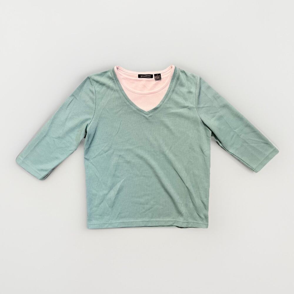 Speculation Small Baby Blue 3/4 Sleeve Stretch Knit Casual Top Women’s Y2K